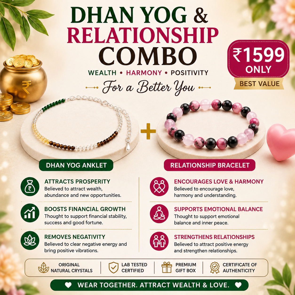 Dhan Yog Anklet + Relationship Bracelet Combo | Original Lab Certified Natural Crystal Combo