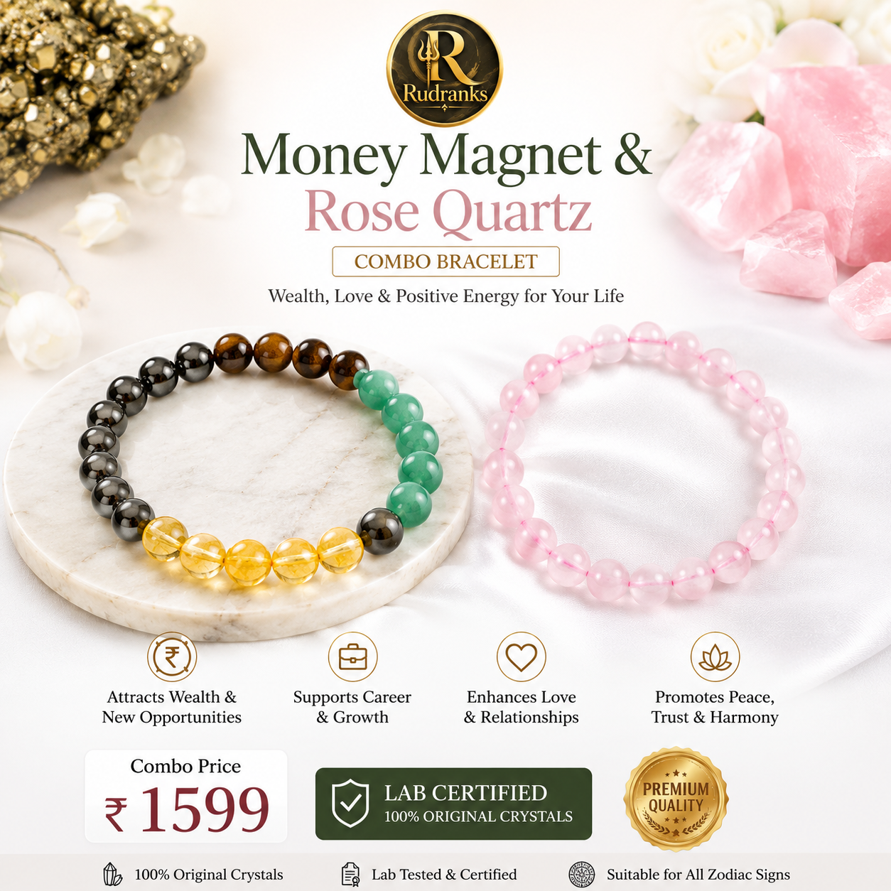Money Magnet & Rose Quartz Bracelet Combo – Wealth, Love & Positive Energy