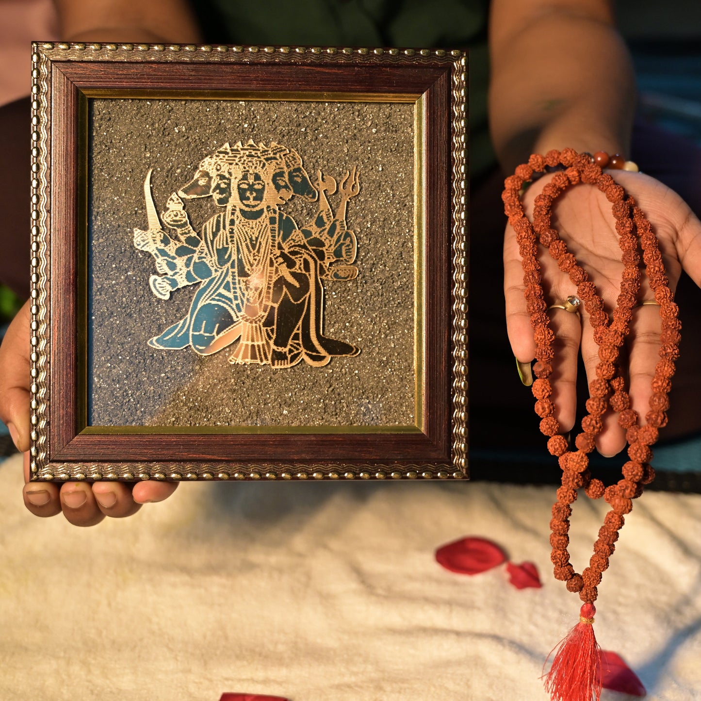 Pyrite 5 Mukhi Vastu Frame + 5 Mukhi Rudraksha Mala Combo | Wealth, Protection & Positive Energy
