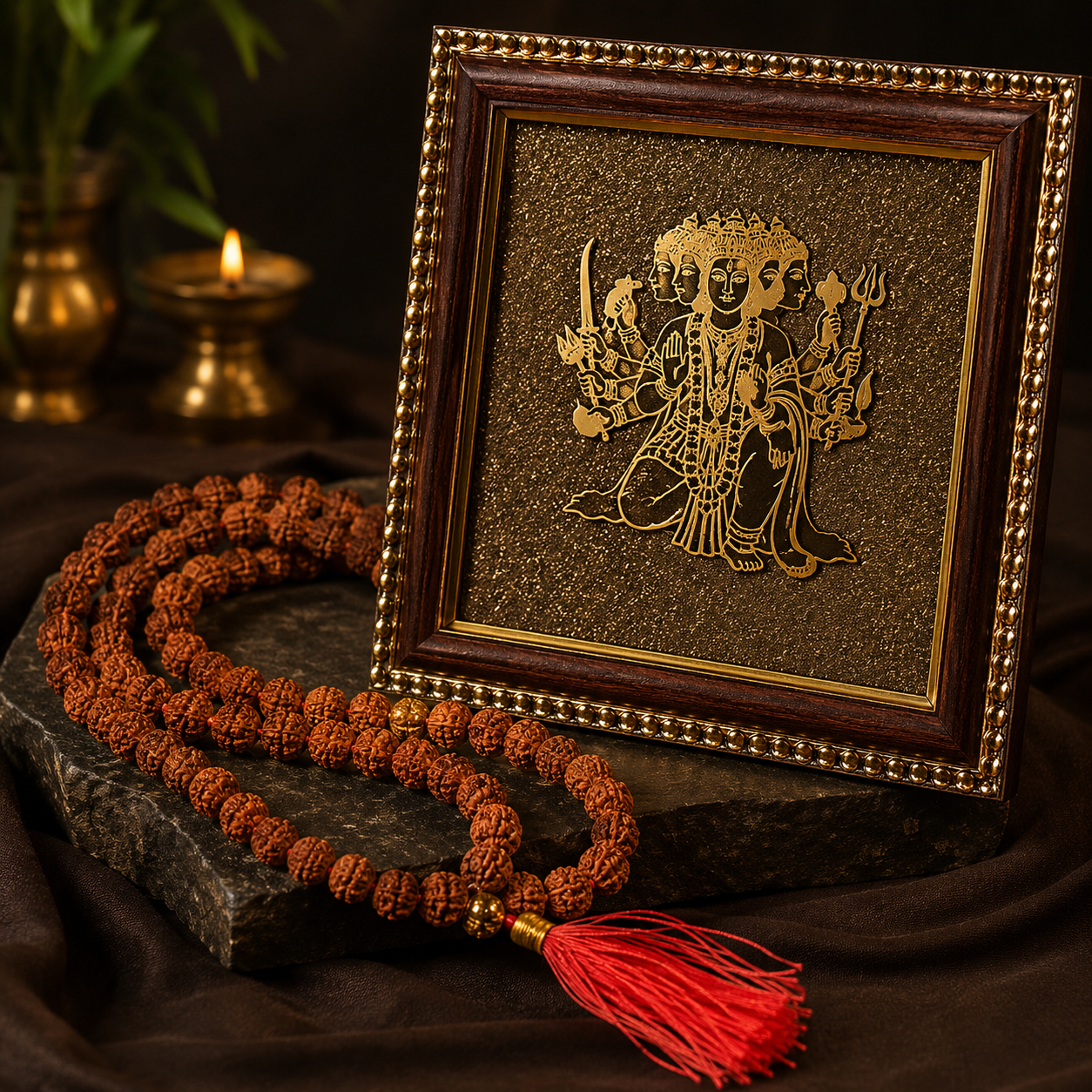 Pyrite 5 Mukhi Vastu Frame + 5 Mukhi Rudraksha Mala Combo | Wealth, Protection & Positive Energy
