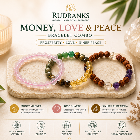 Money Magnet, Rose Quartz & 5 Mukhi Rudraksha Combo | Wealth, Love & Peace