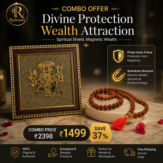 Pyrite 5 Mukhi Vastu Frame + 5 Mukhi Rudraksha Mala Combo | Wealth, Protection & Positive Energy