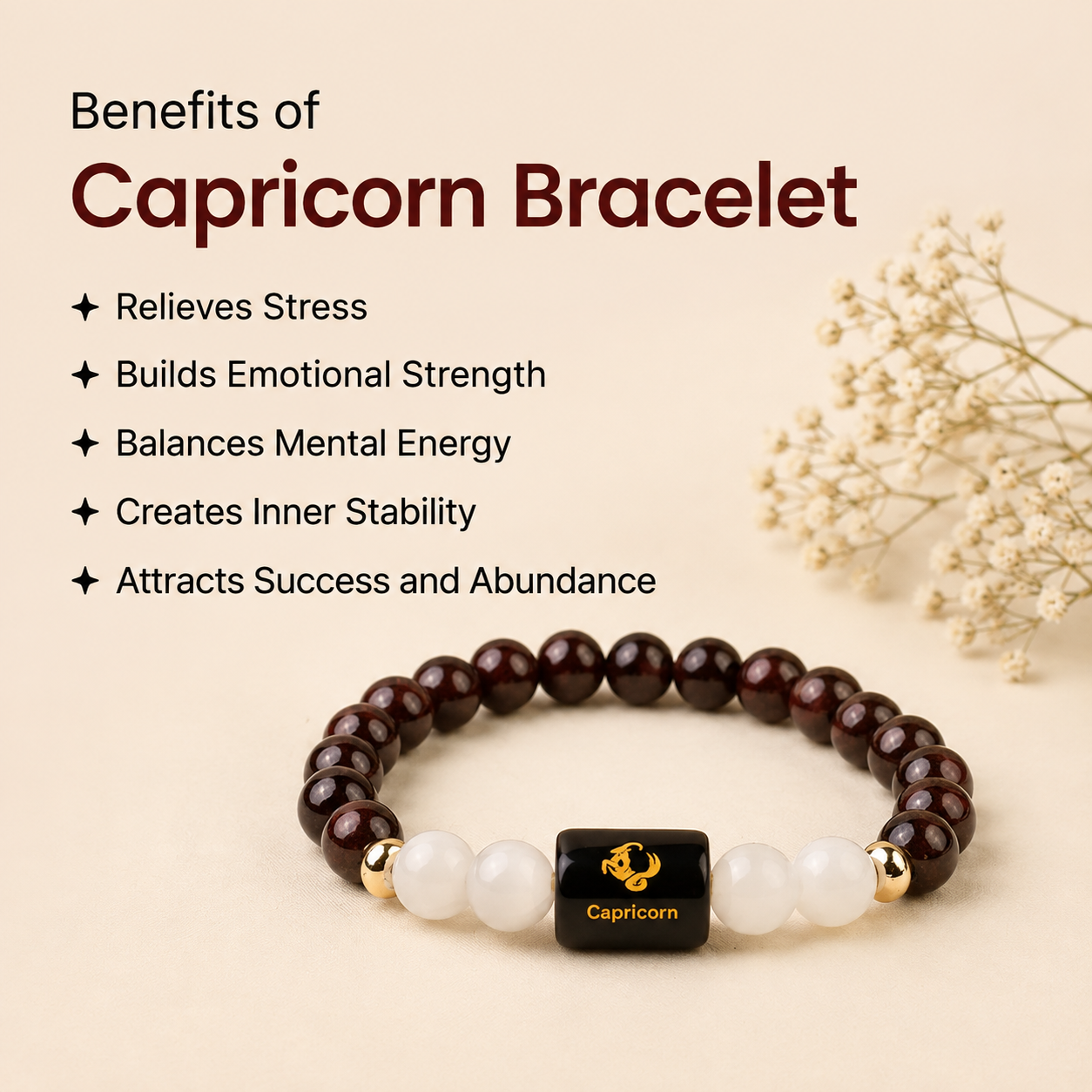 Capricorn (মকৰ ৰাশি) Garnet & Milky Quartz Bracelet