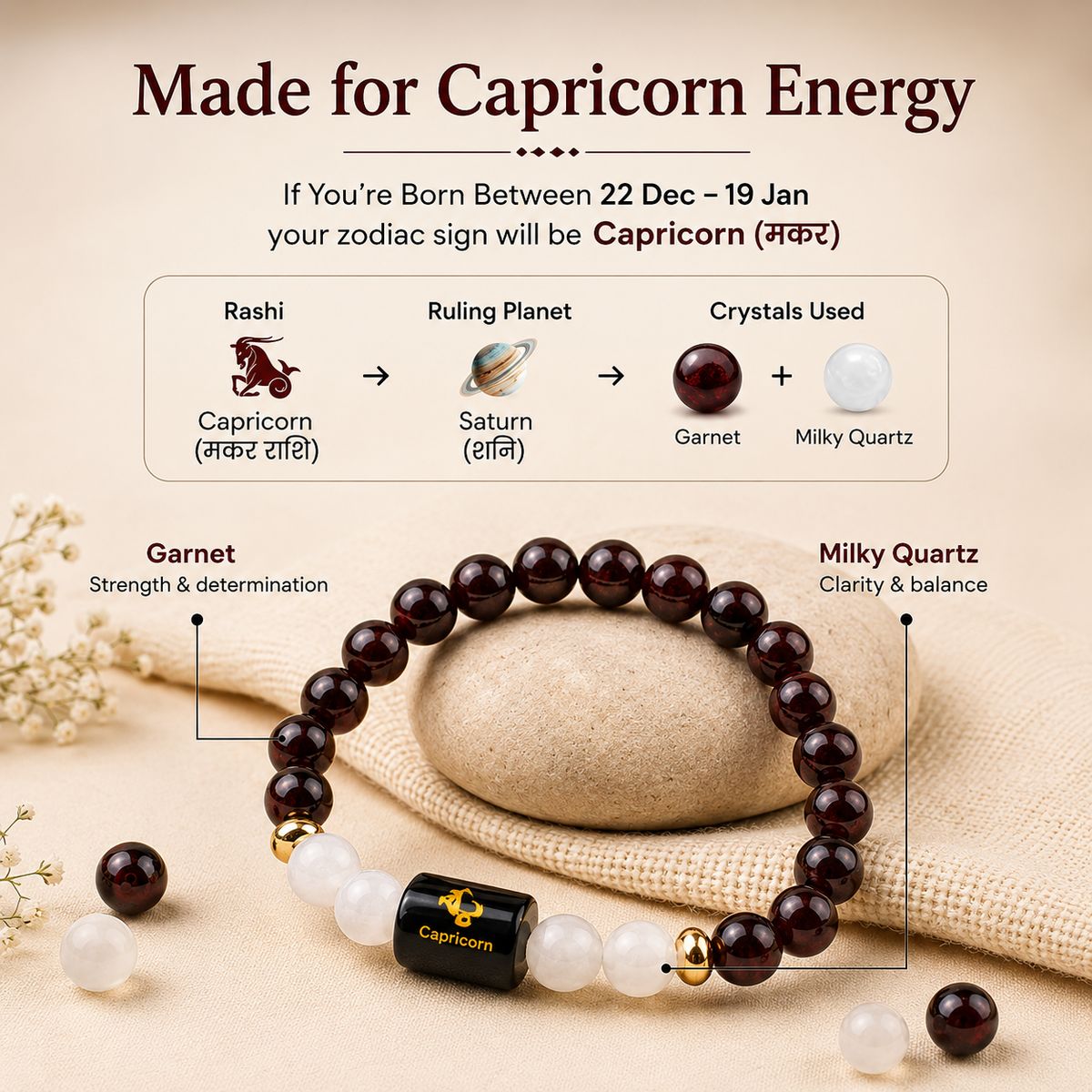 Capricorn (মকৰ ৰাশি) Garnet & Milky Quartz Bracelet