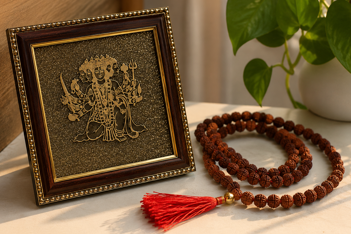 Pyrite 5 Mukhi Vastu Frame + 5 Mukhi Rudraksha Mala Combo | Wealth, Protection & Positive Energy