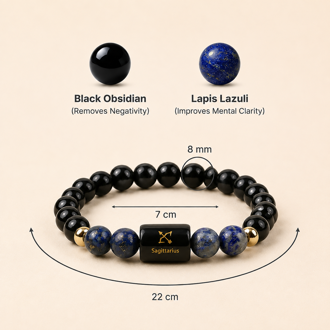 Sagittarius (ধনু ৰাশি) Zodiac Black Obsidian & Lapis Lazuli Bracelet