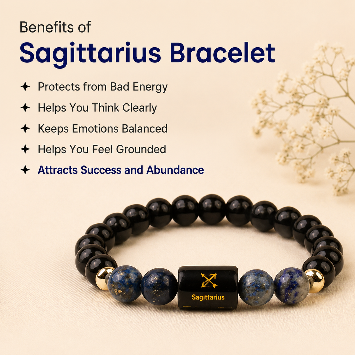 Sagittarius (ধনু ৰাশি) Zodiac Black Obsidian & Lapis Lazuli Bracelet
