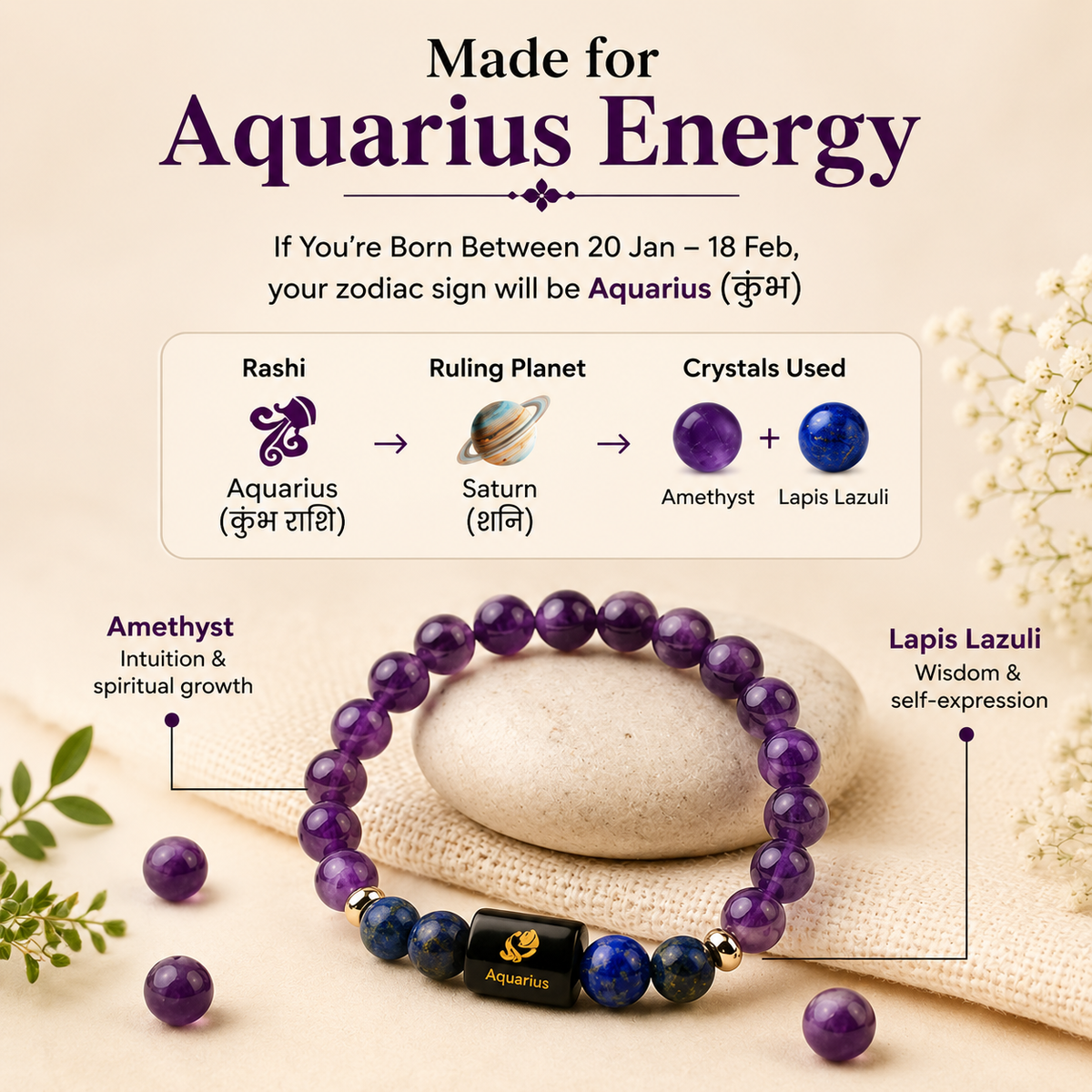 Aquarius (কুম্ভ ৰাশি) Amethyst & Lapis Lazuli Bracelet