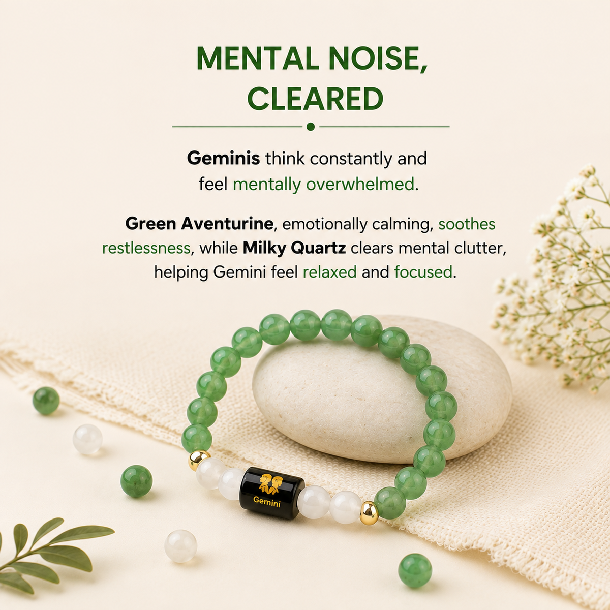 Gemini (মিথুন ৰাশি) Zodiac Green Aventurine & Milky Quartz Bracelet