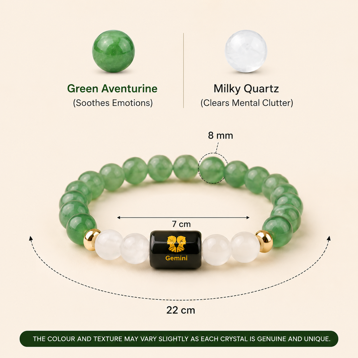 Gemini (মিথুন ৰাশি) Zodiac Green Aventurine & Milky Quartz Bracelet