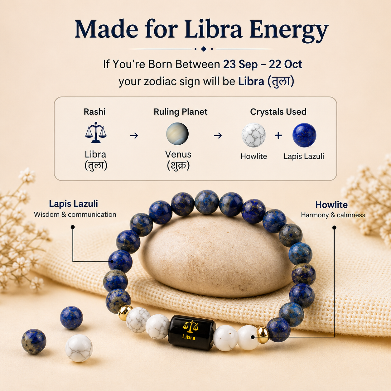 Libra (তুলা ৰাশি) Zodiac Howlite & Lapis Lazuli Bracelet